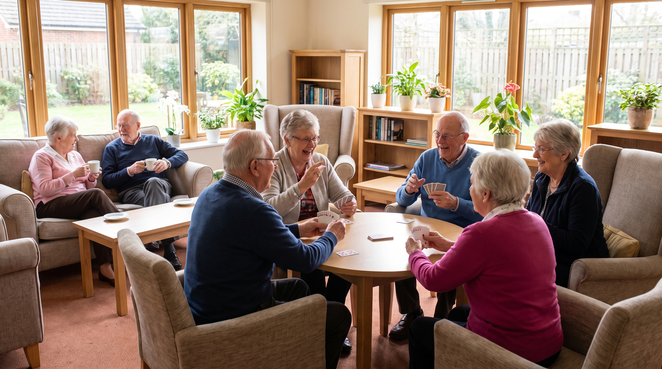 Older adults sit together with cups of tea, talking and laughing in a bright, plant-filled common room.