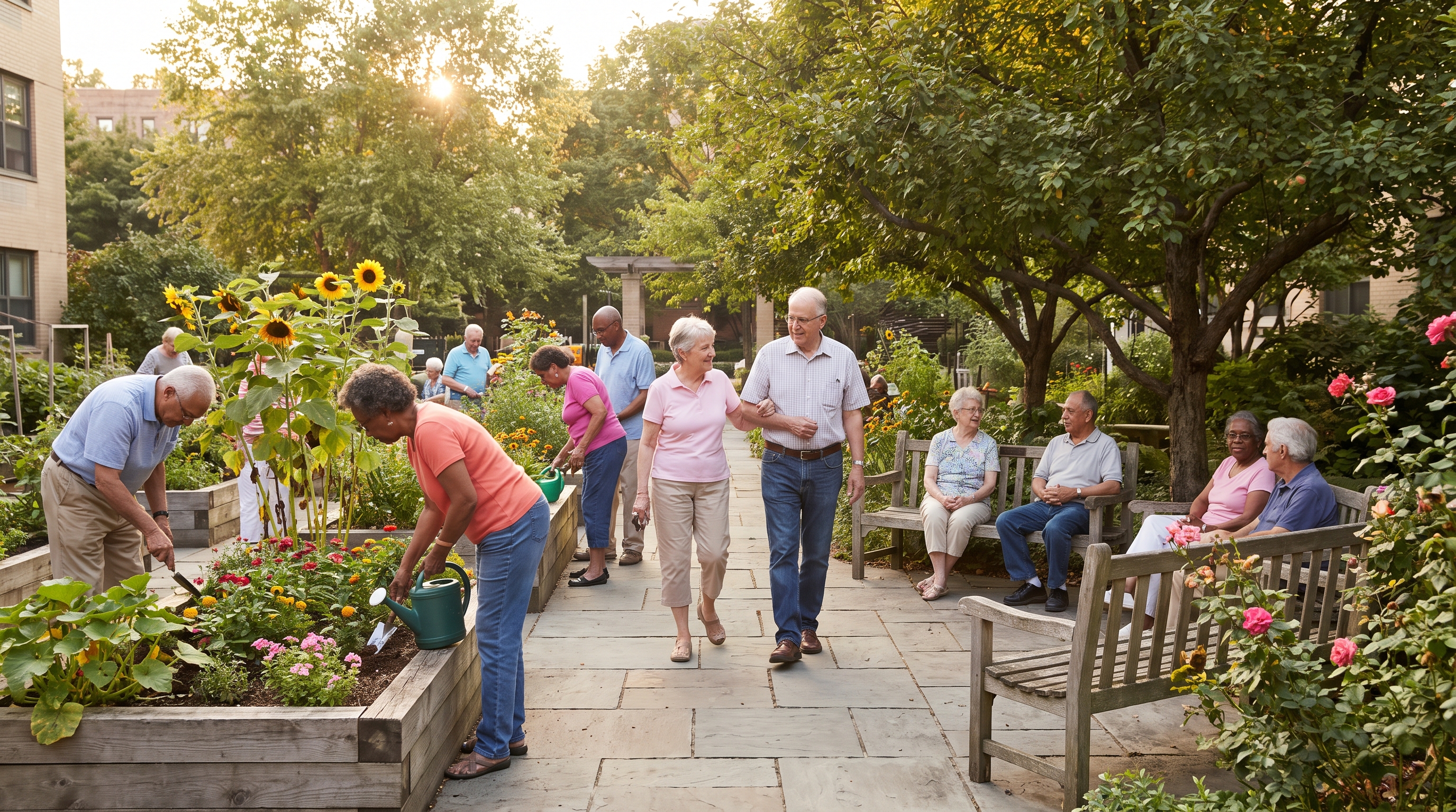 Diverse older adults tend a community garden and stroll together along a sunlit path outside their building.