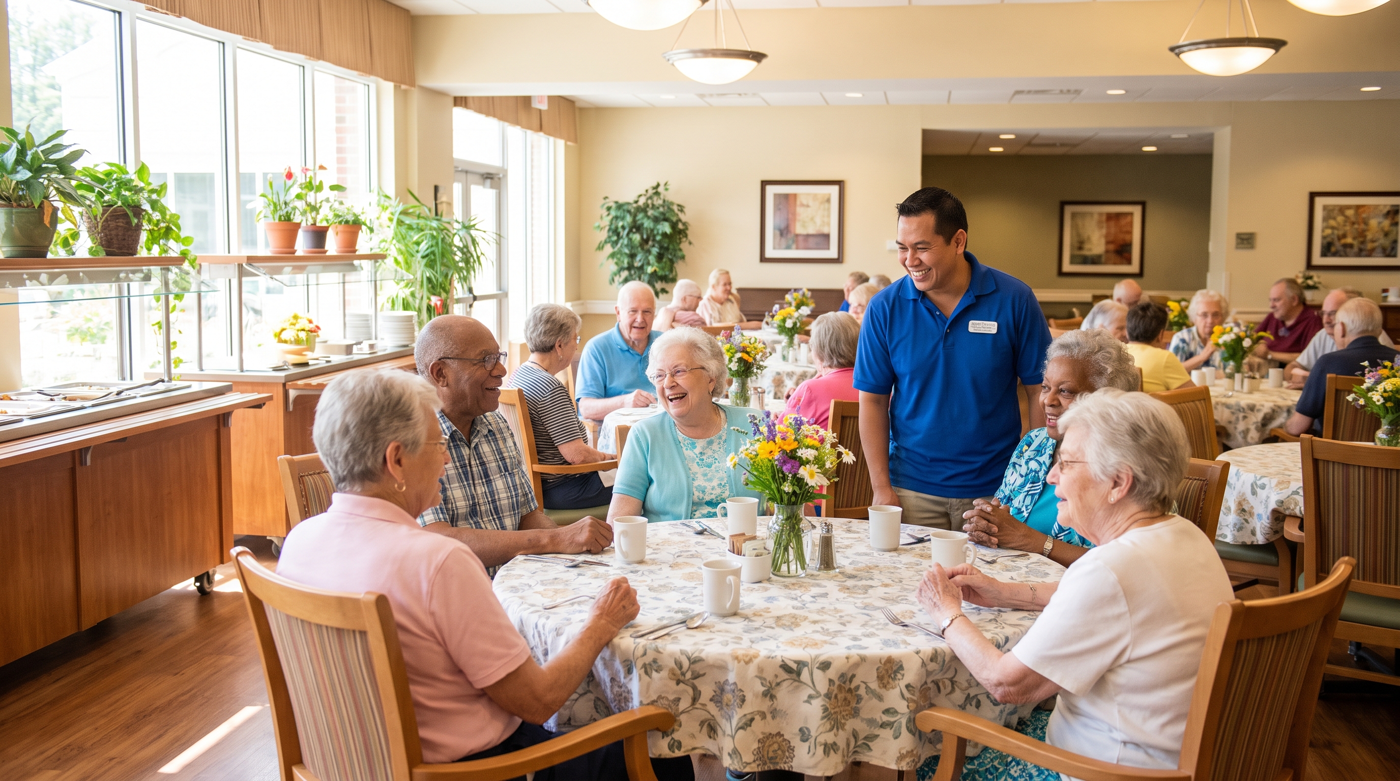A care staff member warmly welcomes several older residents gathered at a table in a bright dining room.
