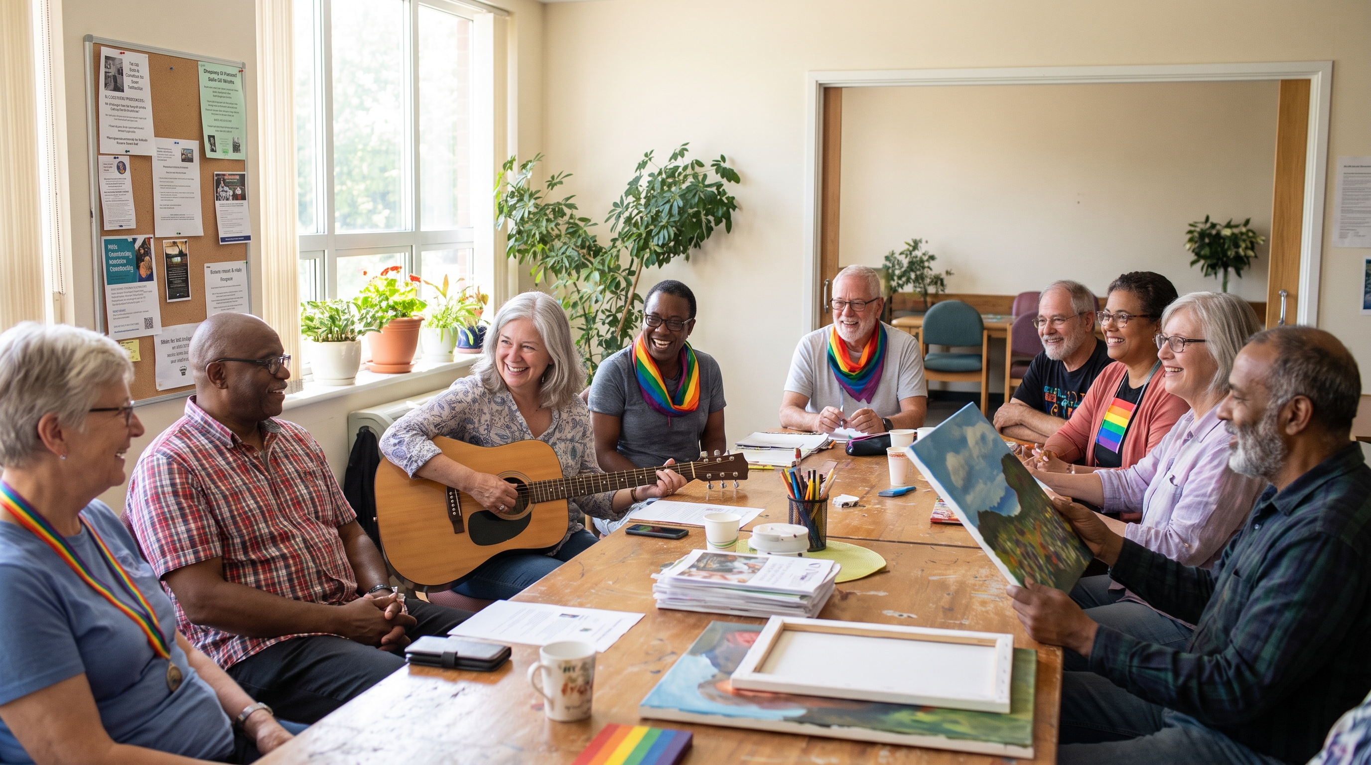 A group of older friends and chosen family gather warmly at a community center, some wearing rainbow scarves.