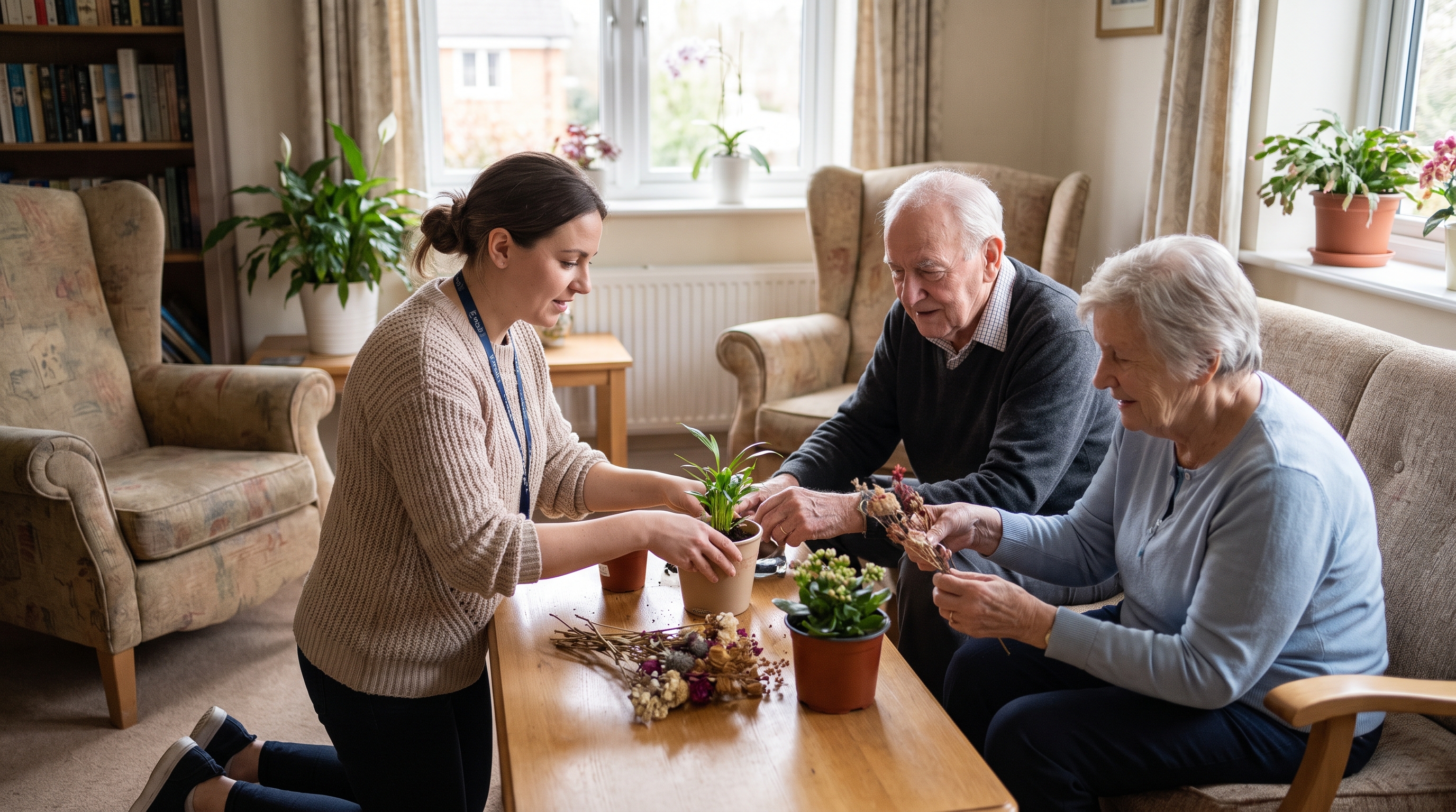 A caregiver and an older resident share an easy, genuine laugh in a comfortable, sunlit living room.