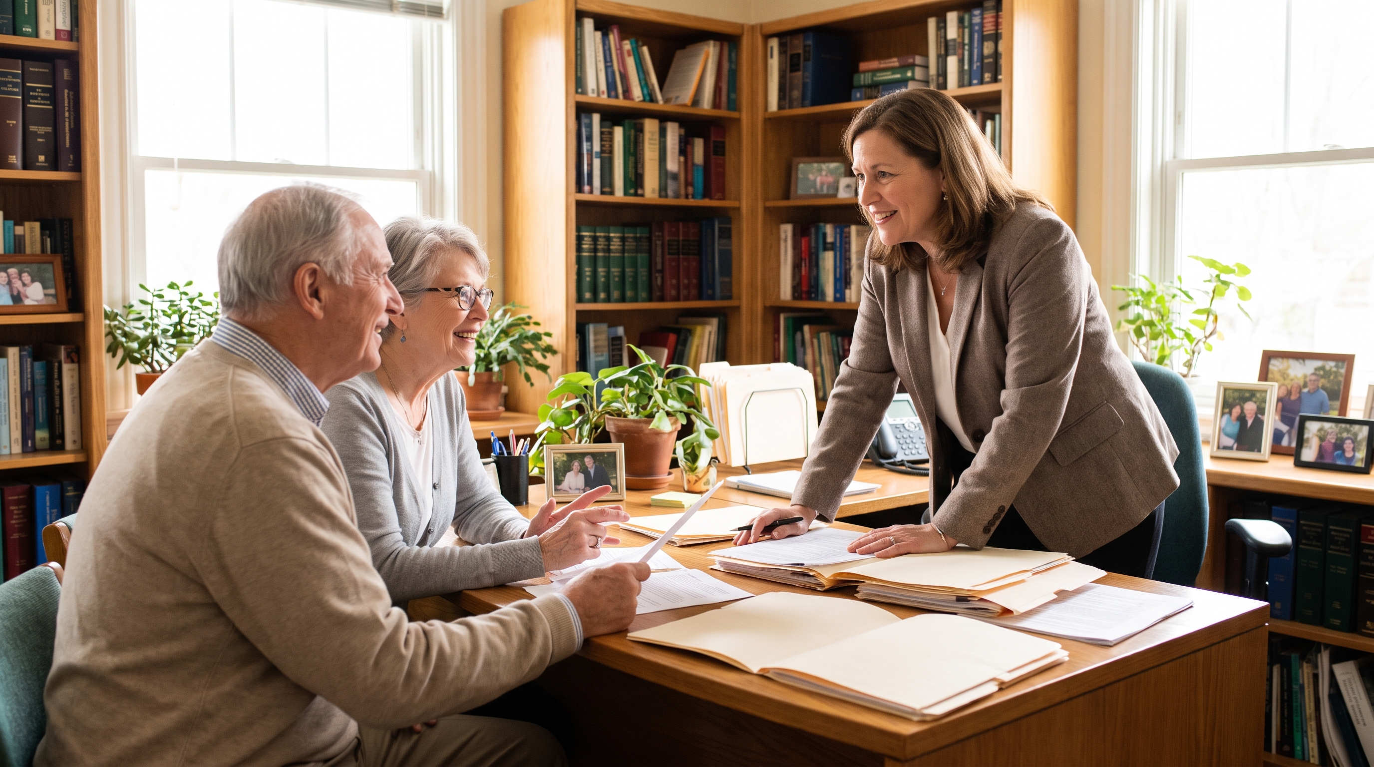 An older couple sits with an elder-law attorney in a book-lined office, reviewing documents together.
