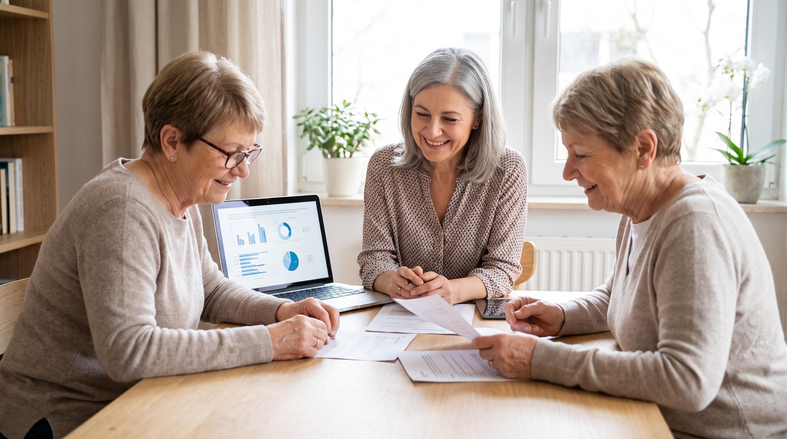 An older person and a benefits counselor review documents together at a table, both focused and at ease.