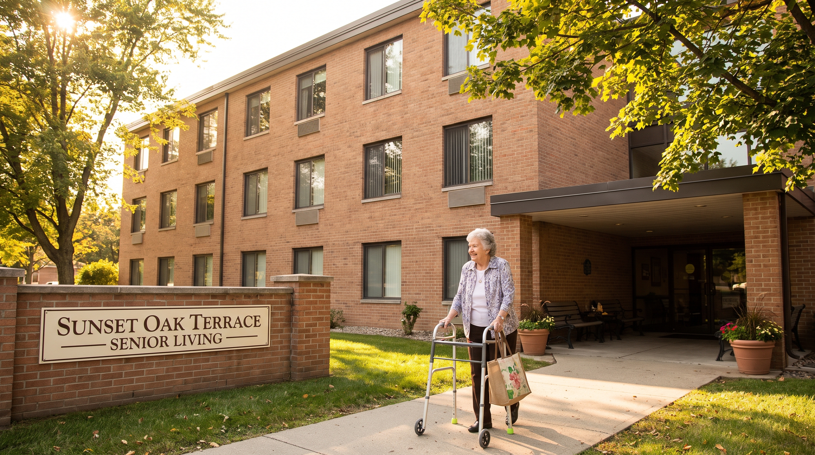 An older woman with a wheeled walker and a tote bag walks a sunlit path outside a brick senior-living building.