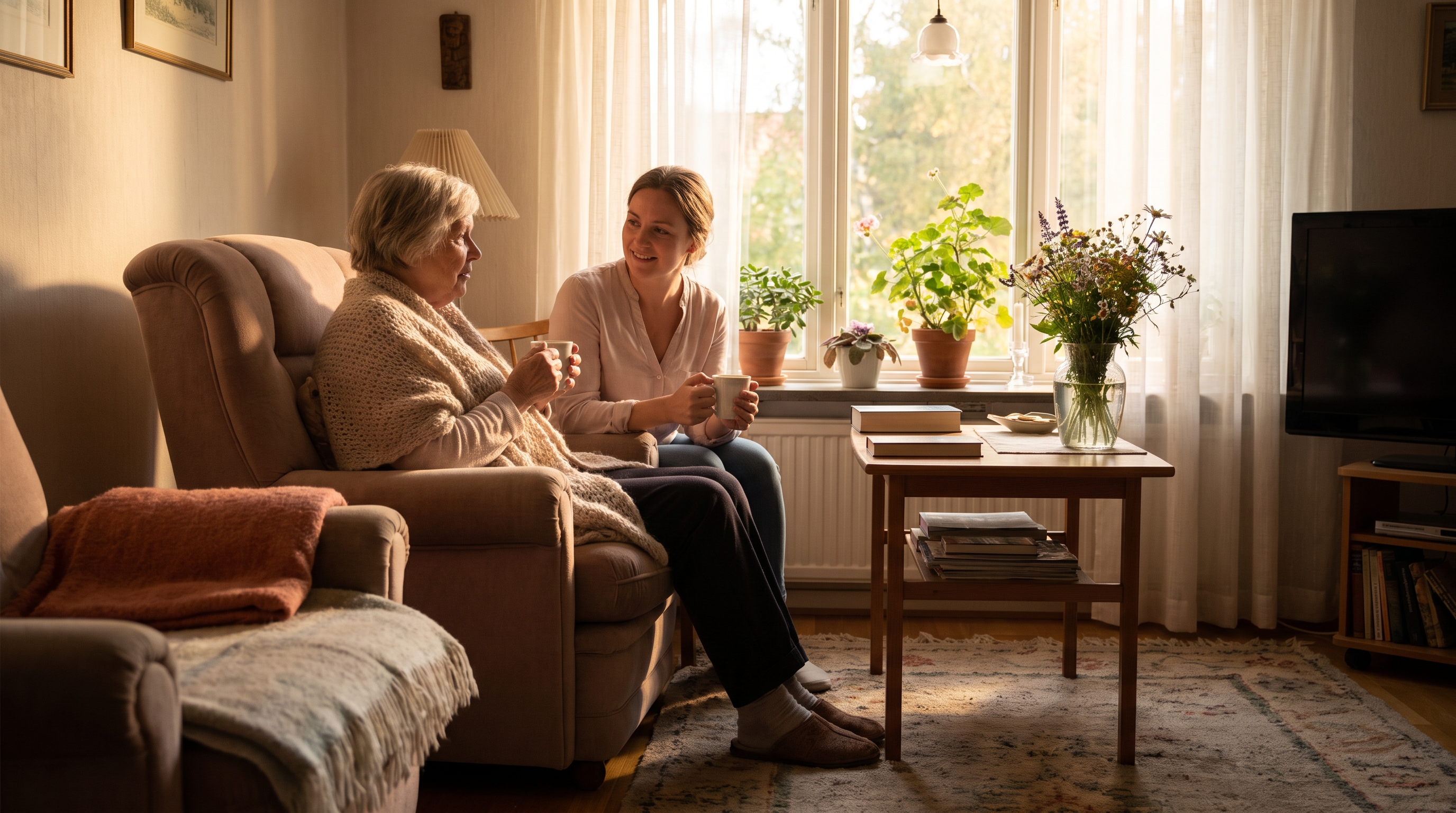 A younger woman and an older woman share tea and easy conversation in a sunlit living room.