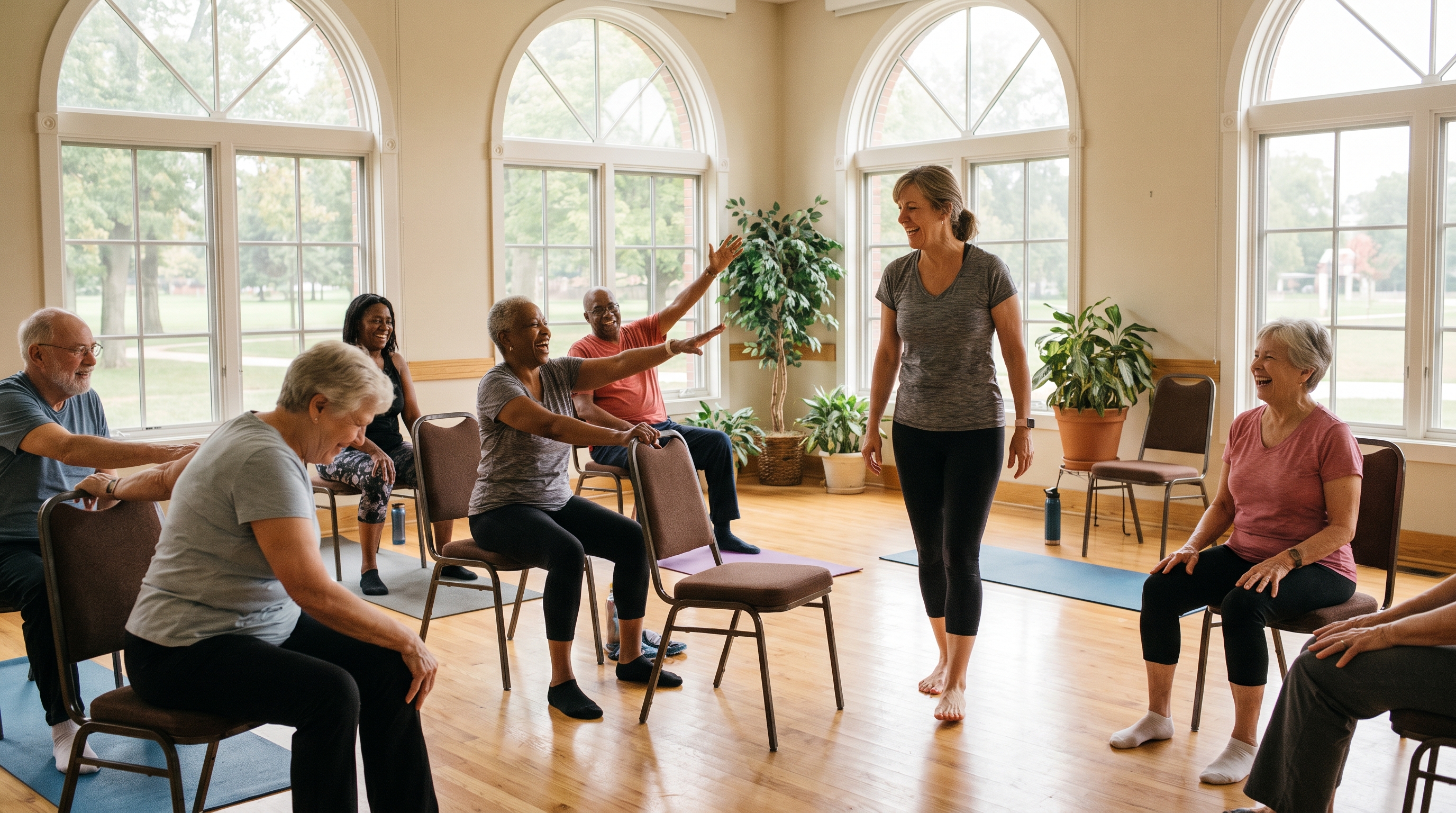 Older adults take part in a lively seated exercise class led by an instructor in a sunny activity room.