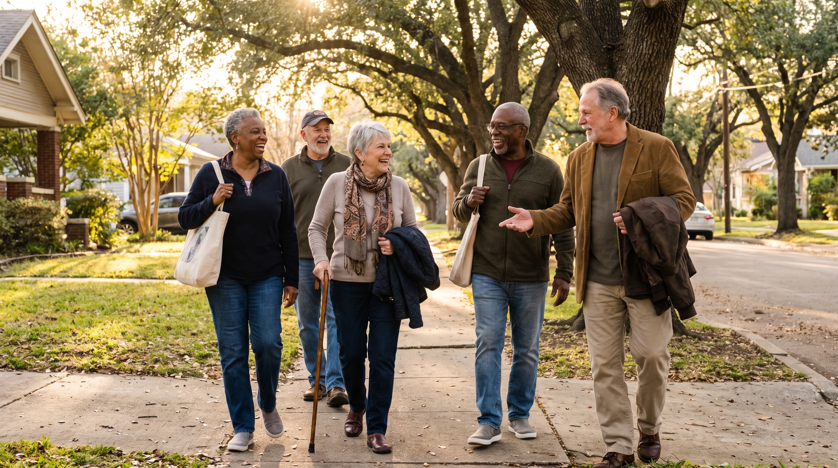 Five diverse older friends walk and laugh together down a tree-lined sidewalk, one using a cane.