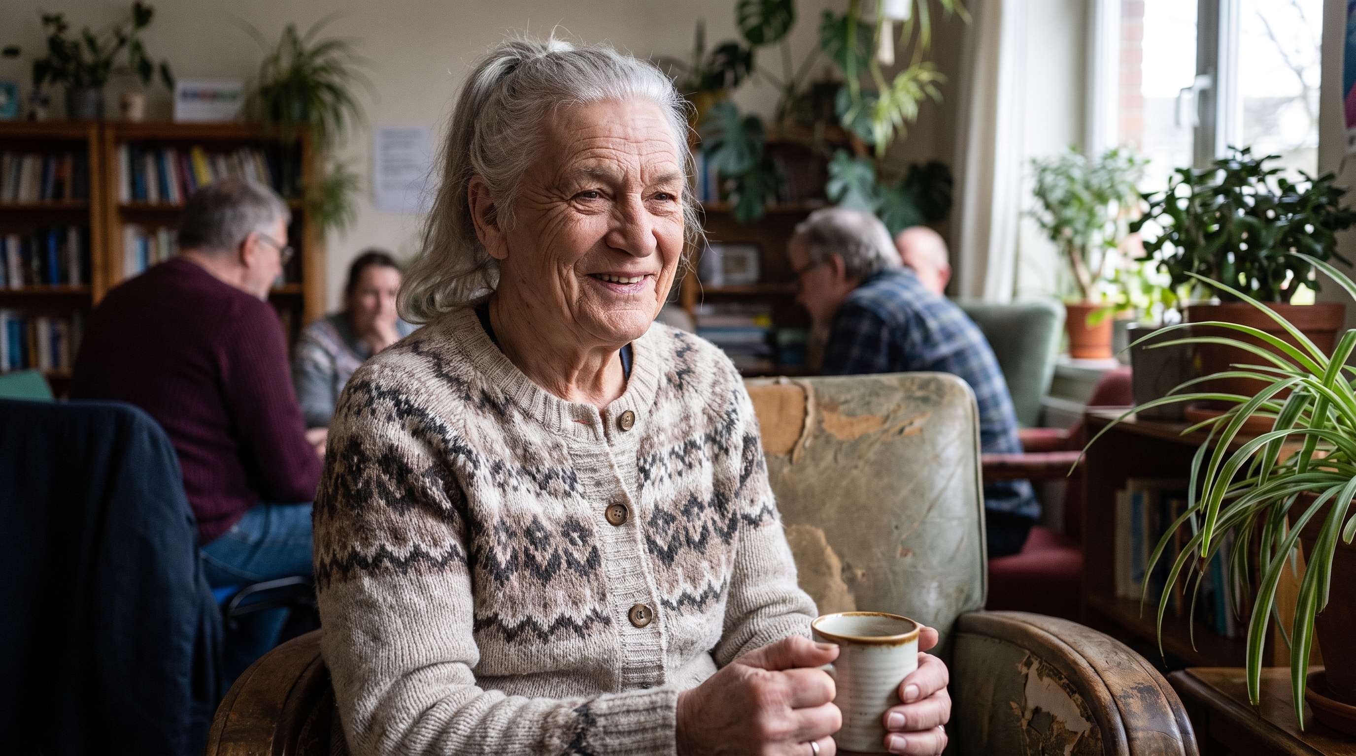 A smiling older woman holds a mug in a bright, plant-filled community room as others chat nearby.