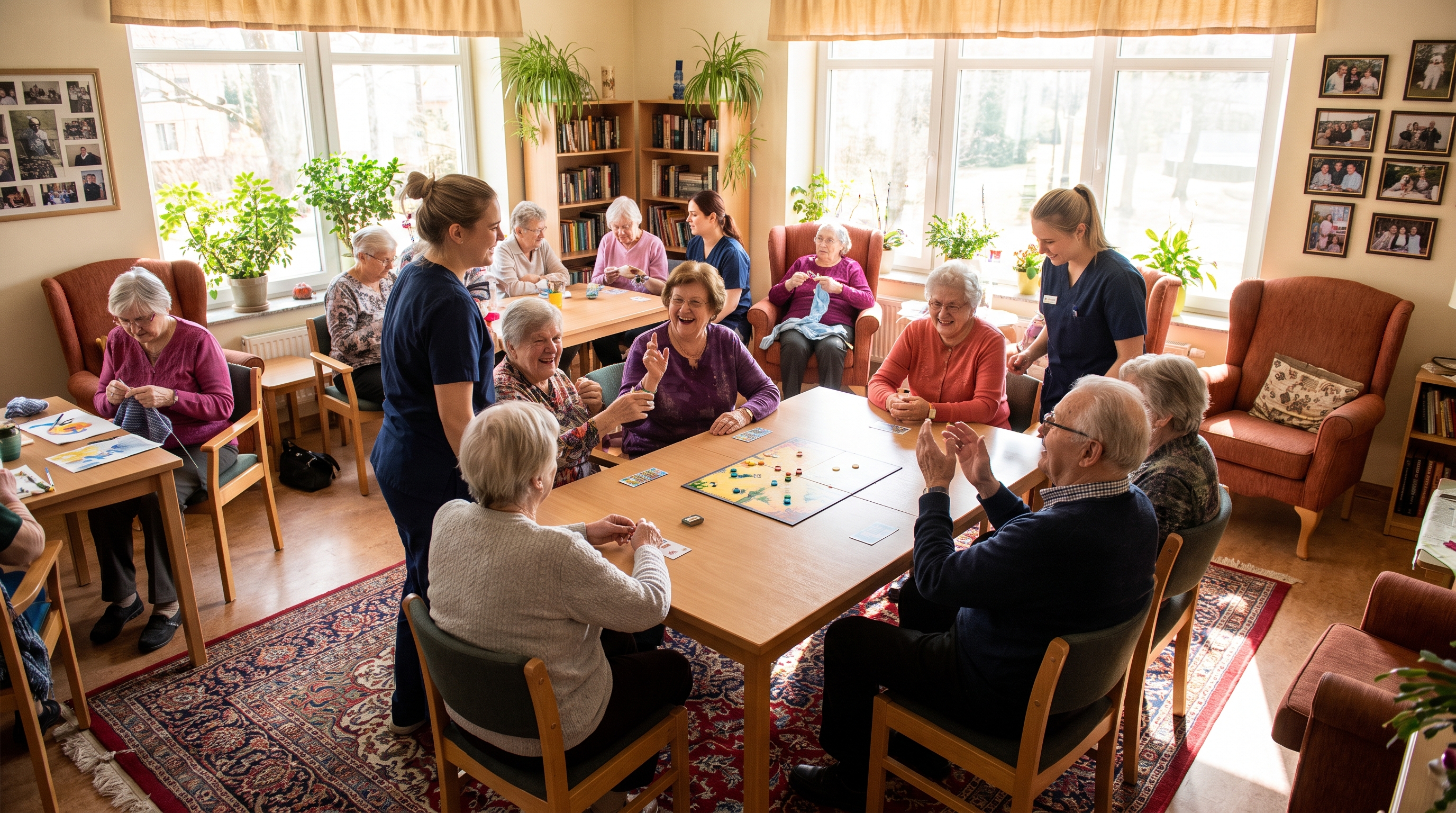 Older residents play a board game and knit while care staff assist, in a warm, plant-filled senior-living activity room.