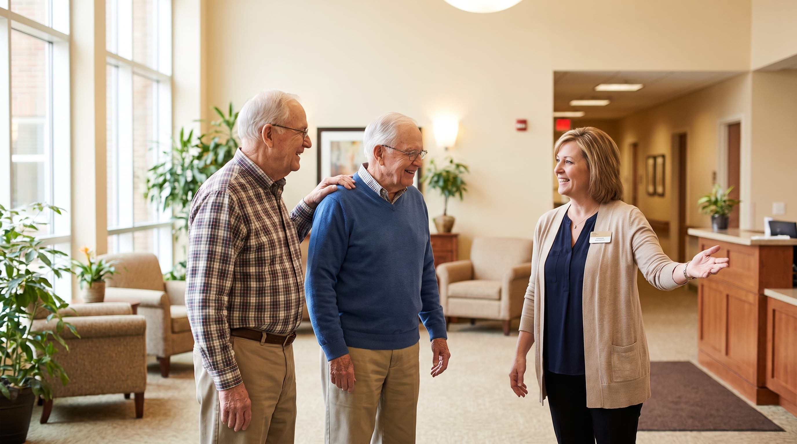 Two older men are warmly welcomed by a staff member in the sunlit lobby of a senior-living community.