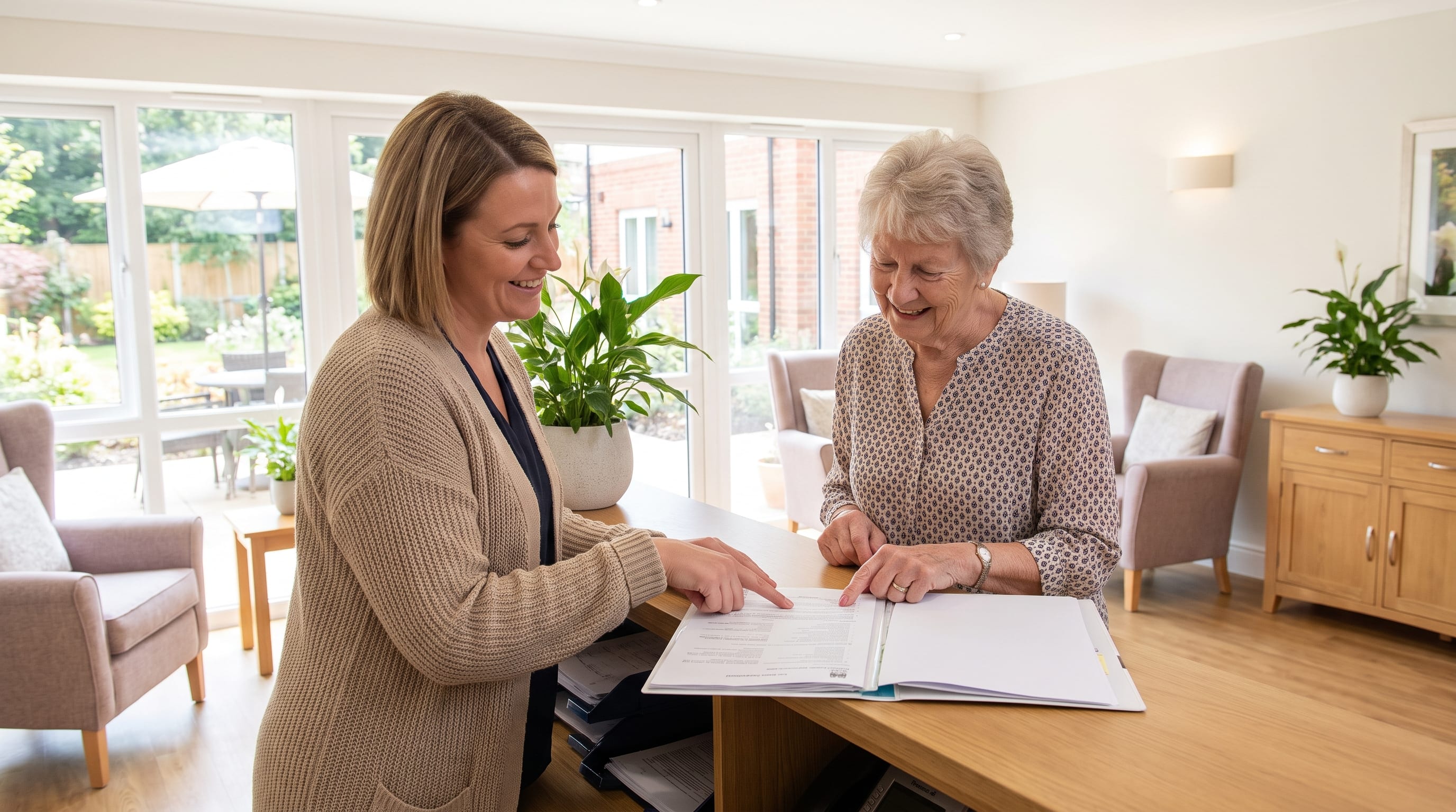 An older adult reviews an open folder of paperwork with a staff member at a table in a bright, welcoming room.