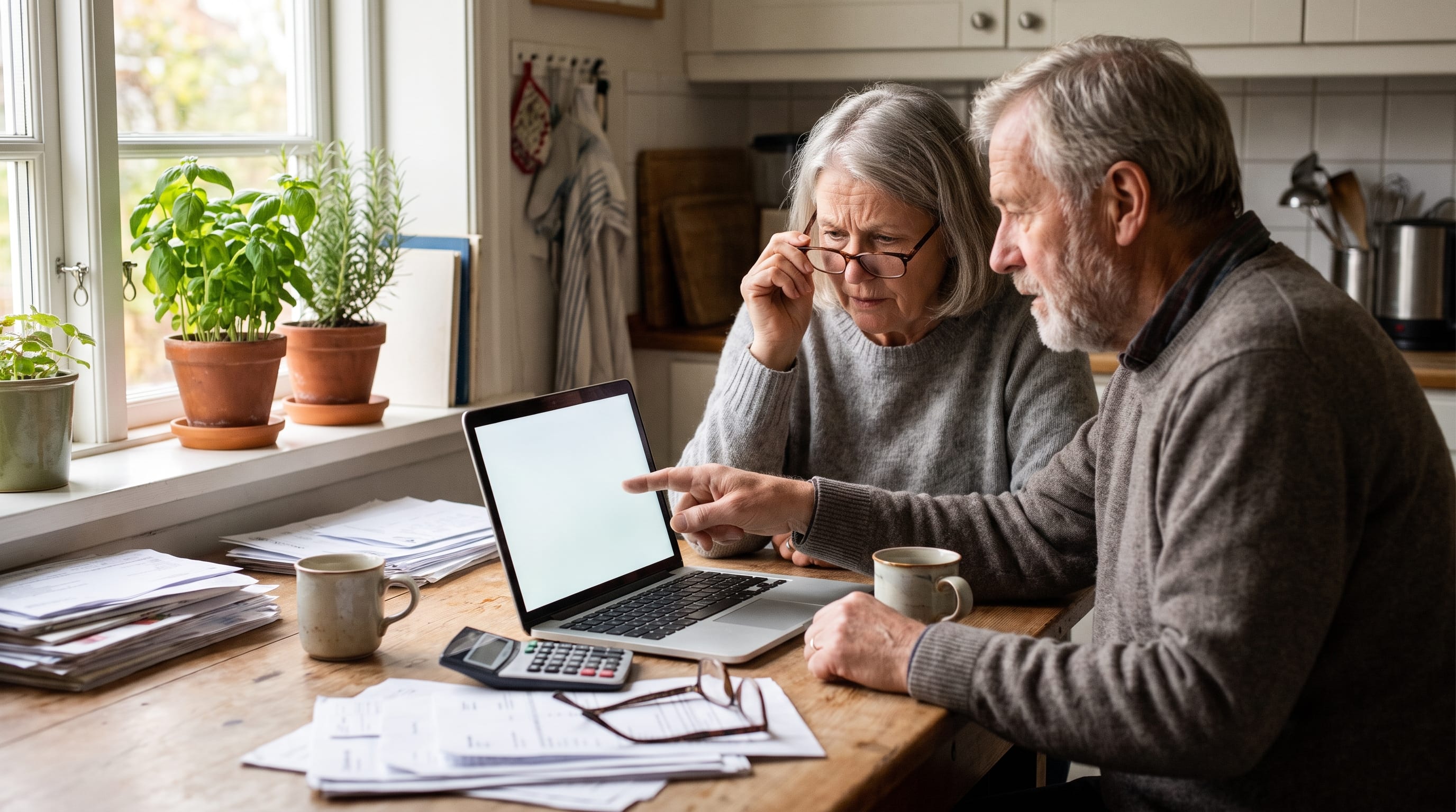 An older couple review costs and paperwork together at their kitchen table.