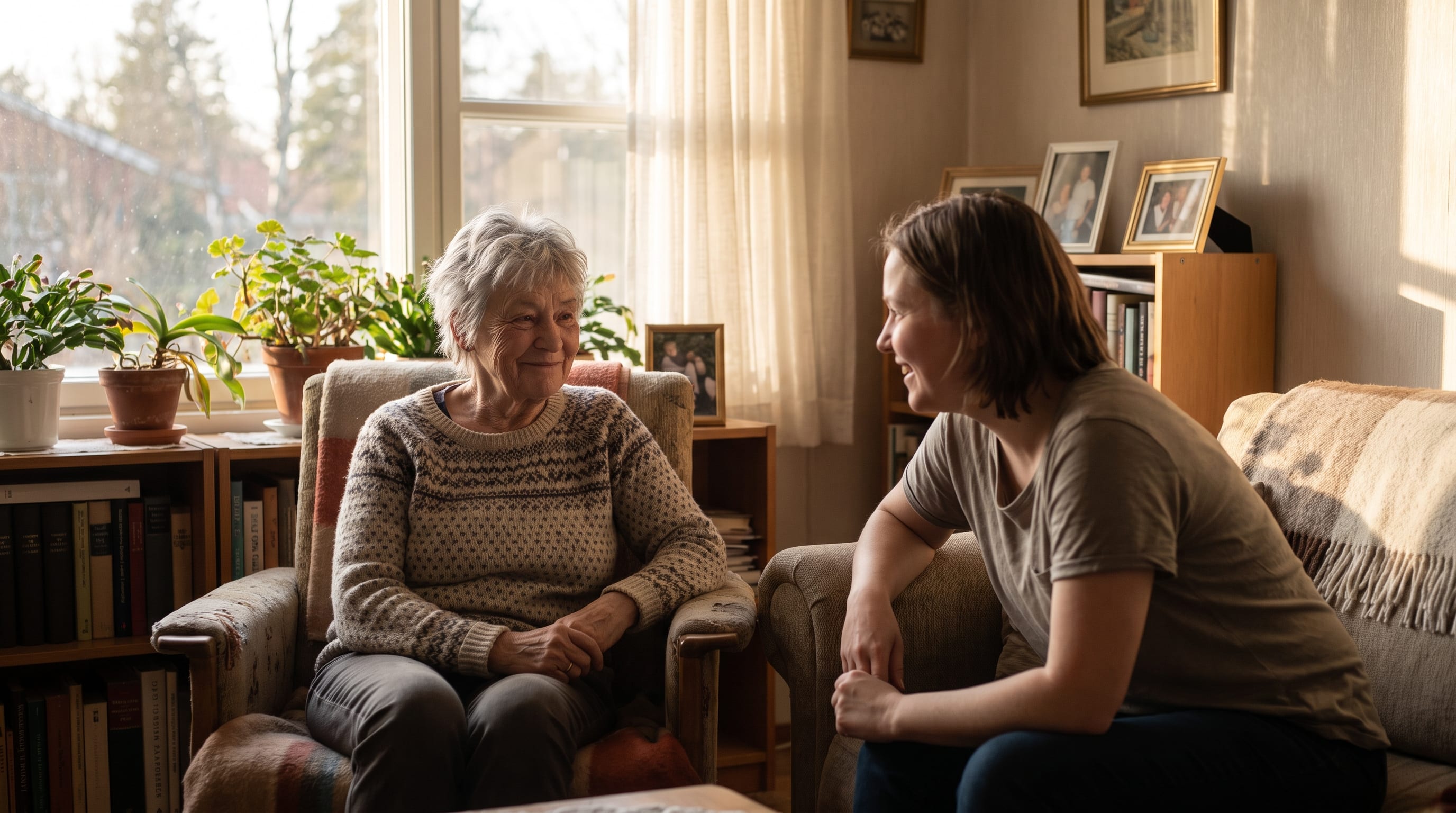 An older woman and a younger woman sit in warm, attentive conversation in a softly lit, homey living room.