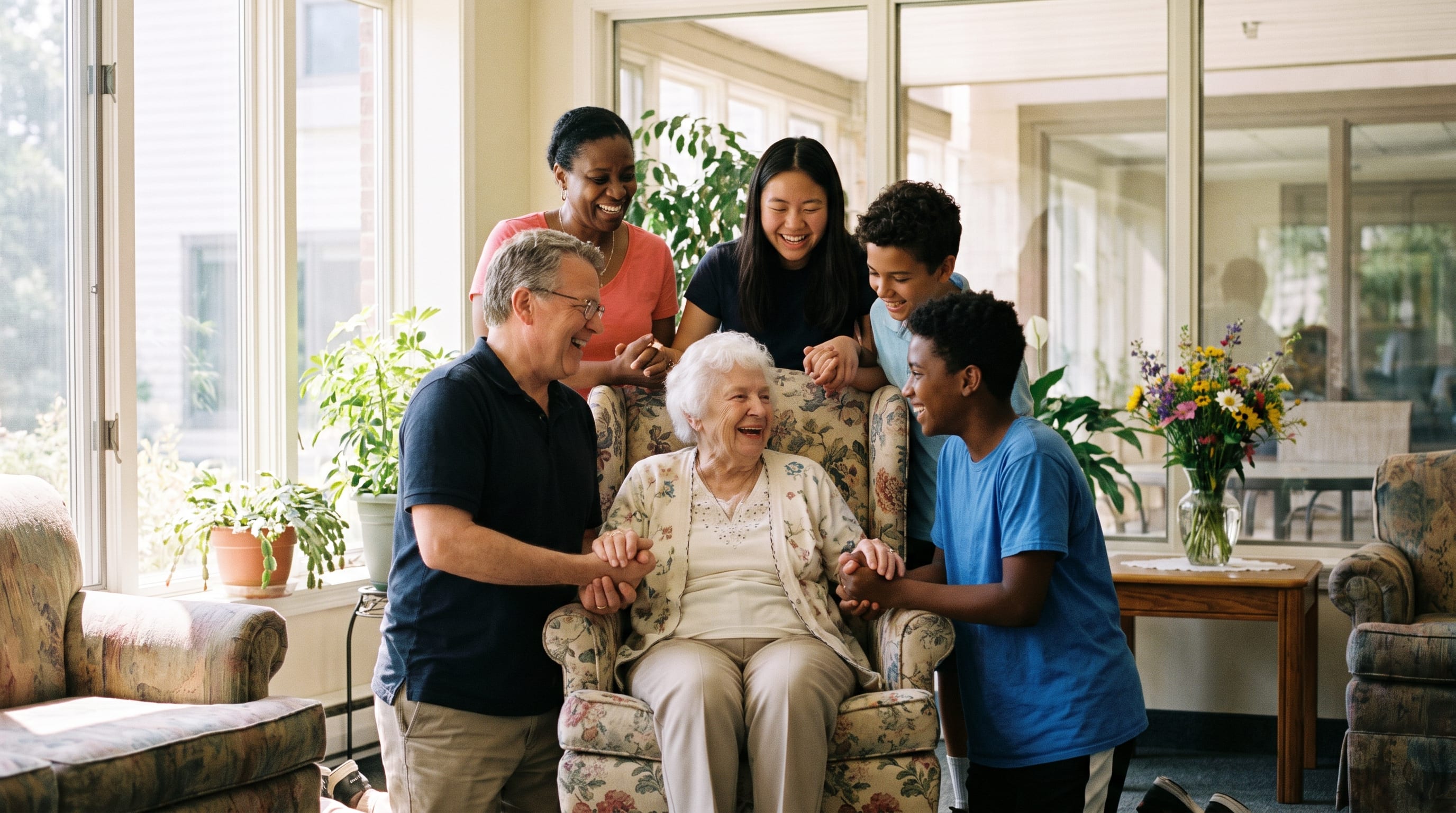 A multigenerational chosen family gathers close around a smiling older woman seated in an armchair in a bright, plant-filled room.