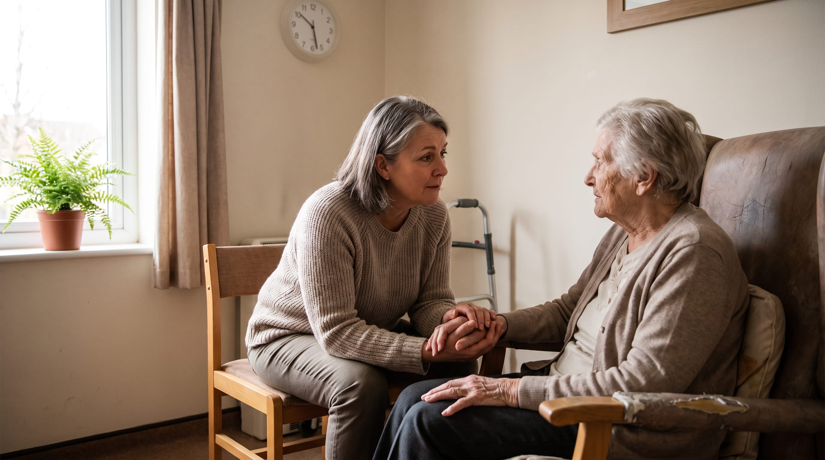 A woman leans in and holds an older woman's hands in a tender, comforting moment in a quiet room.