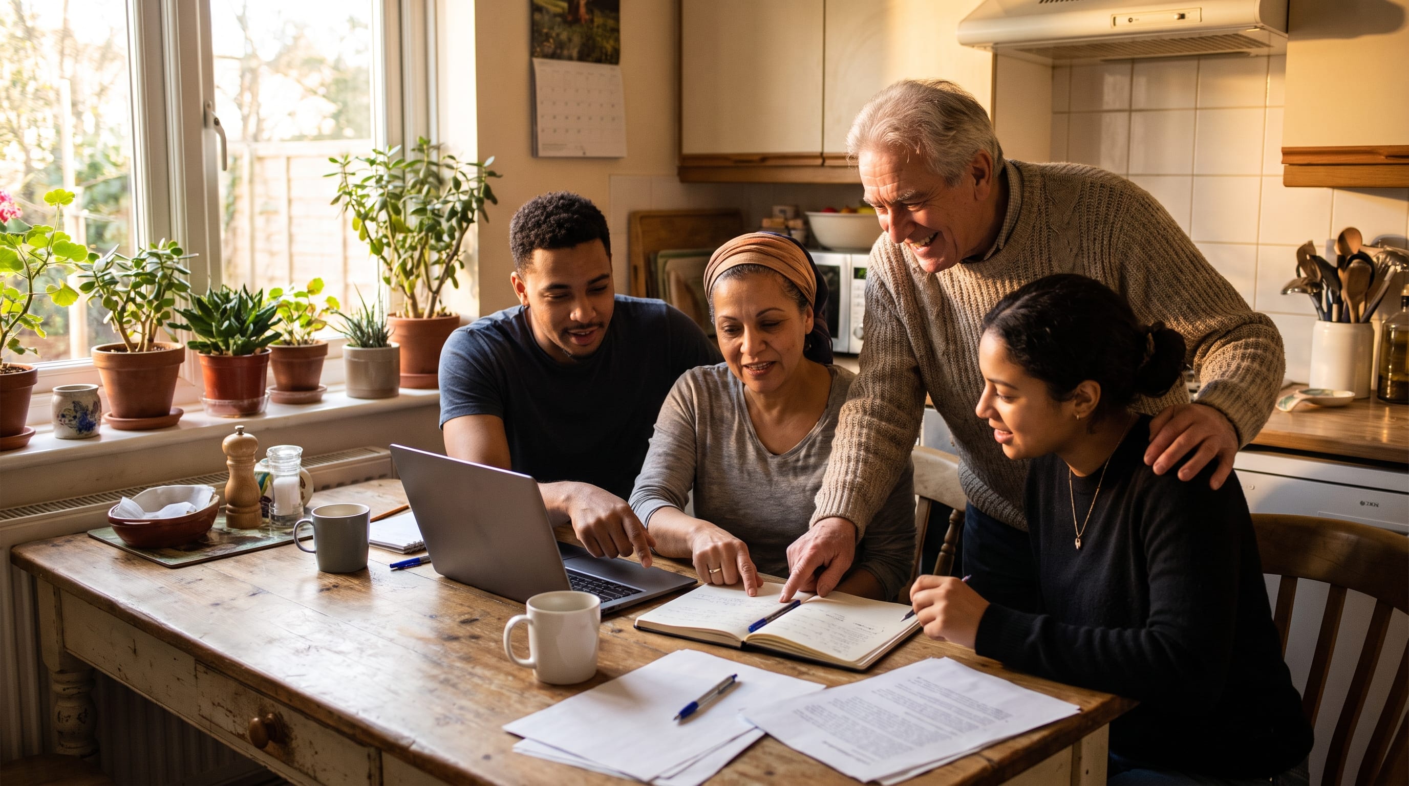 Four friends of different ages plan together around a kitchen table with a notebook and laptop.