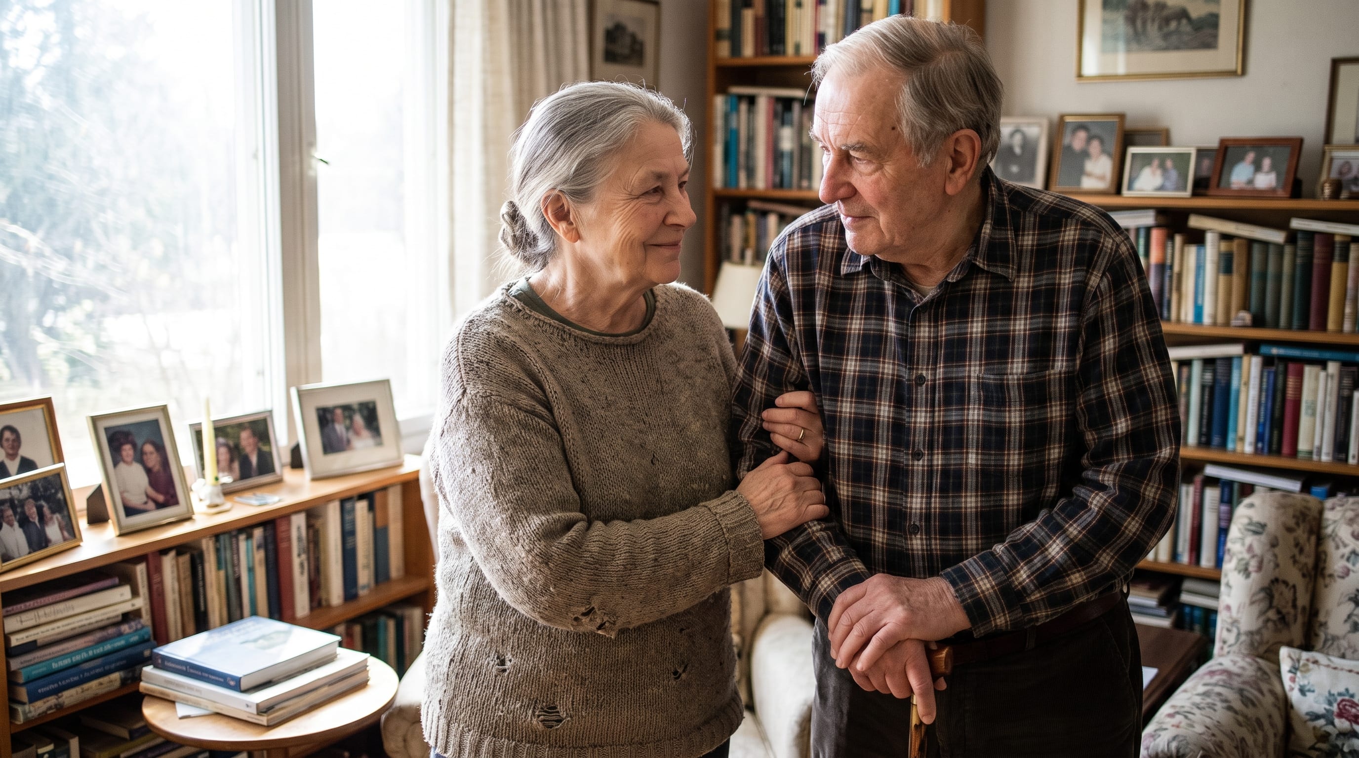 An older couple stand close at home, one gently supporting the other with a tender, caring look.