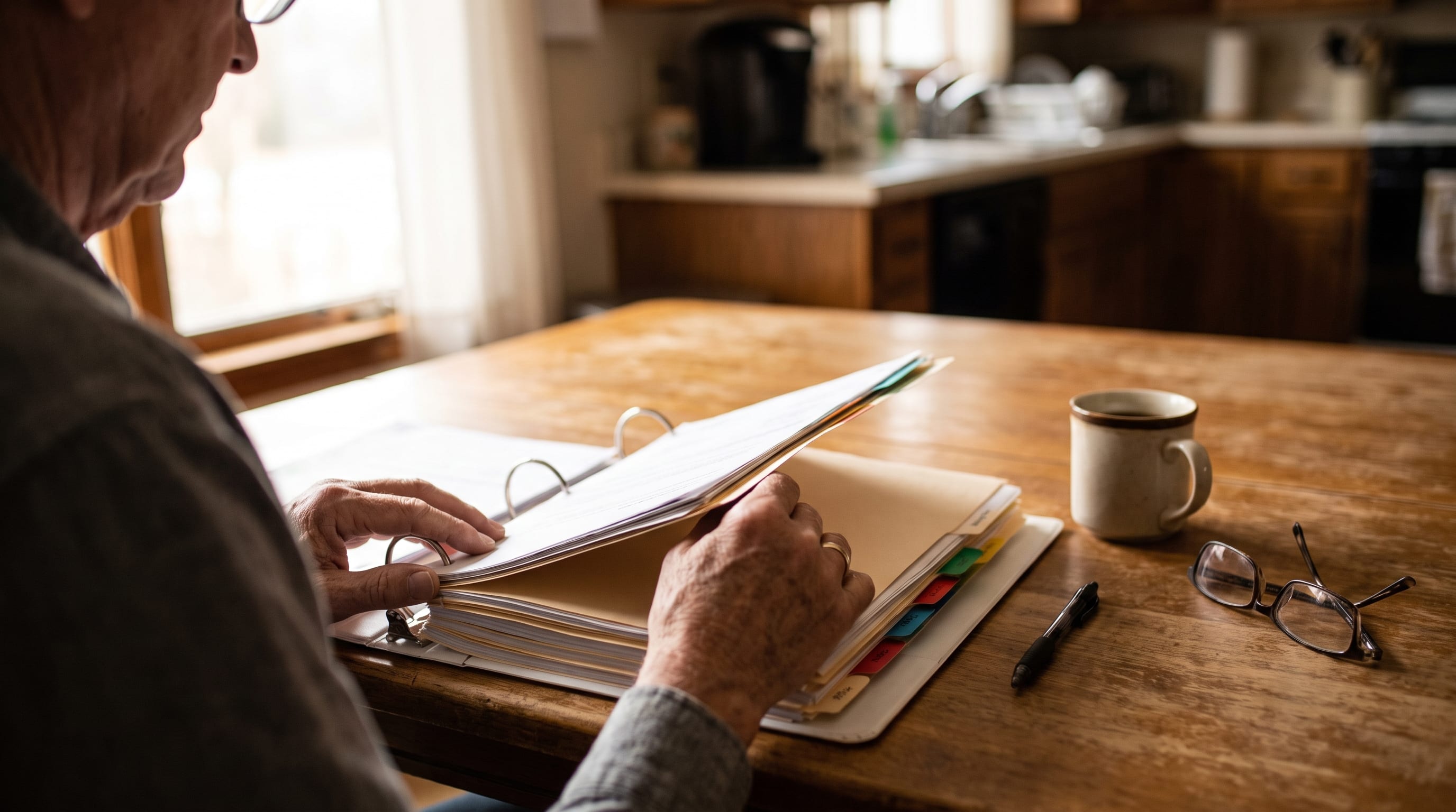 An older person organizes a tabbed binder of documents at a kitchen table, reading glasses and a coffee mug nearby.