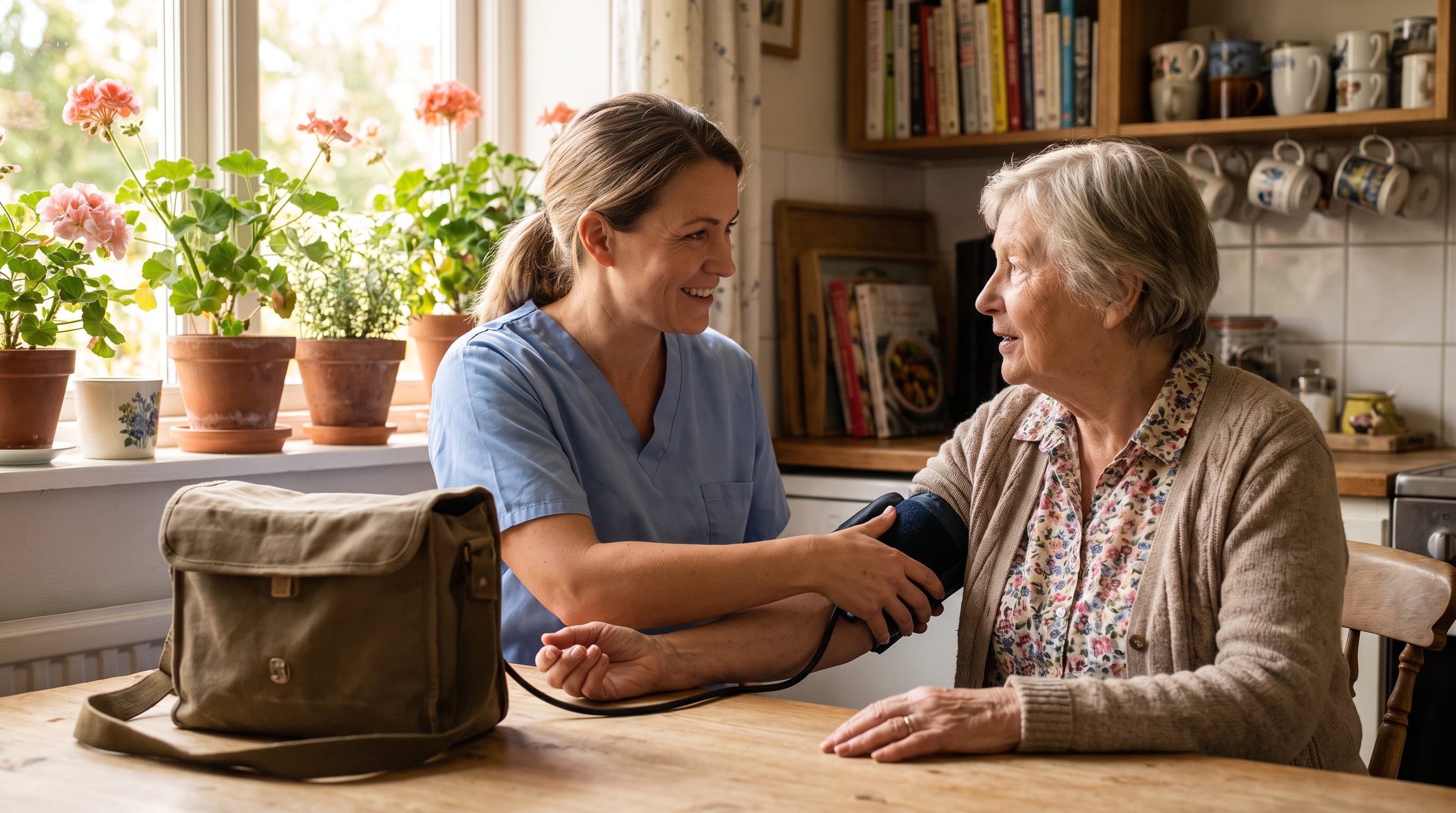A home-visiting nurse in blue scrubs takes an older woman's blood pressure at her sunny kitchen table.