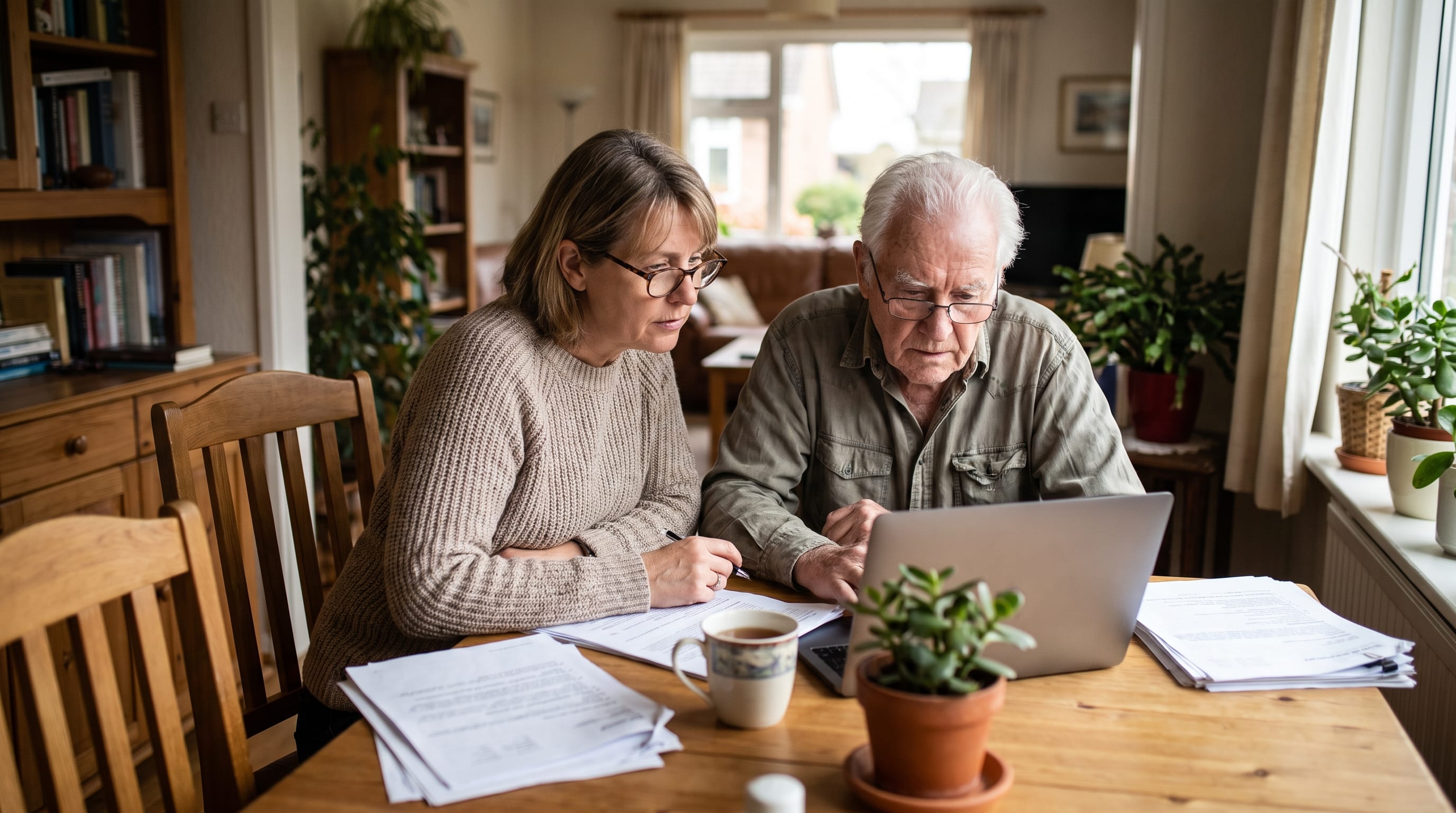 A woman helps an older man work through paperwork and a laptop at a dining table.
