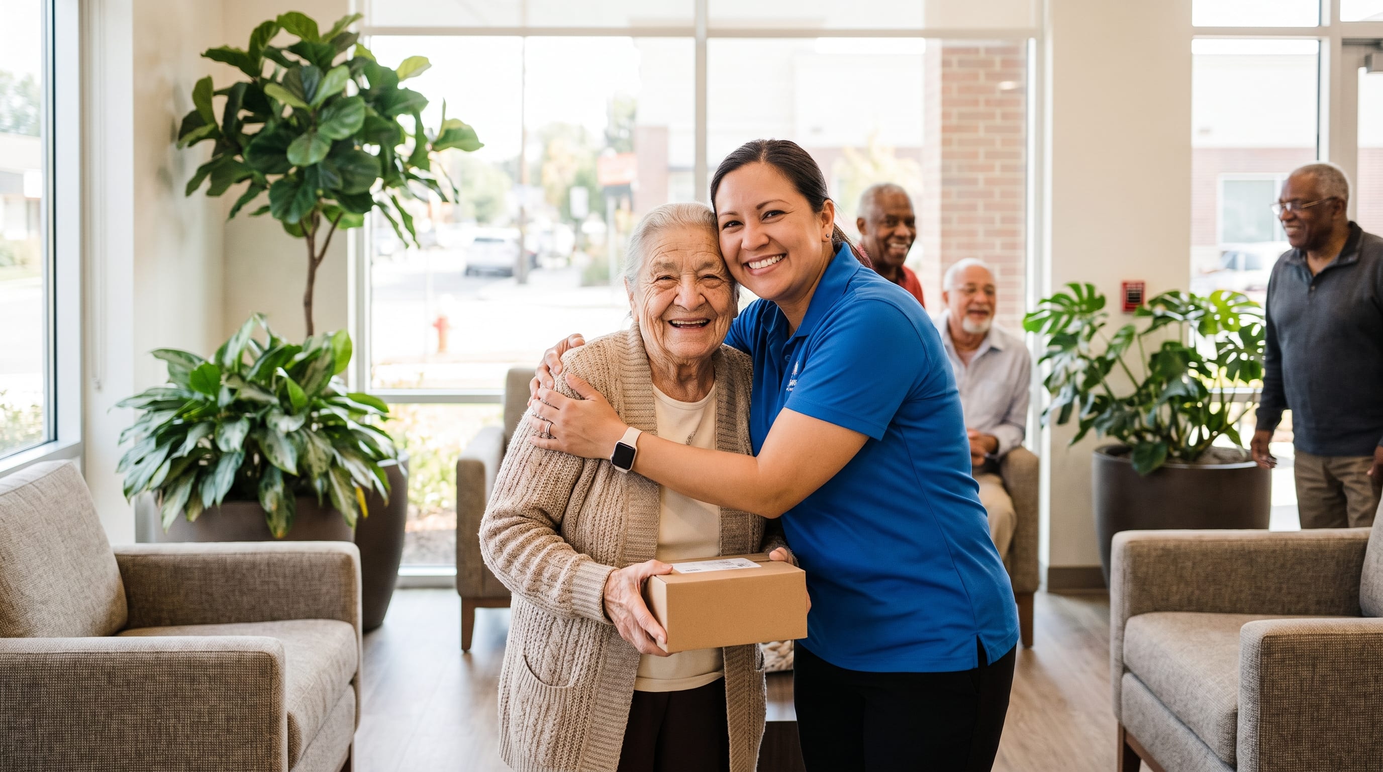 A staff member in a blue polo warmly embraces a beaming older woman holding a package in a bright senior-living lobby