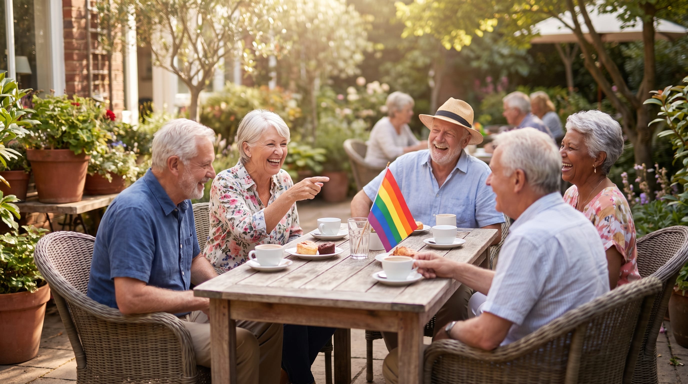 Five diverse older LGBTQIA+ friends laugh together over coffee at an outdoor garden table with a small rainbow Pride flag