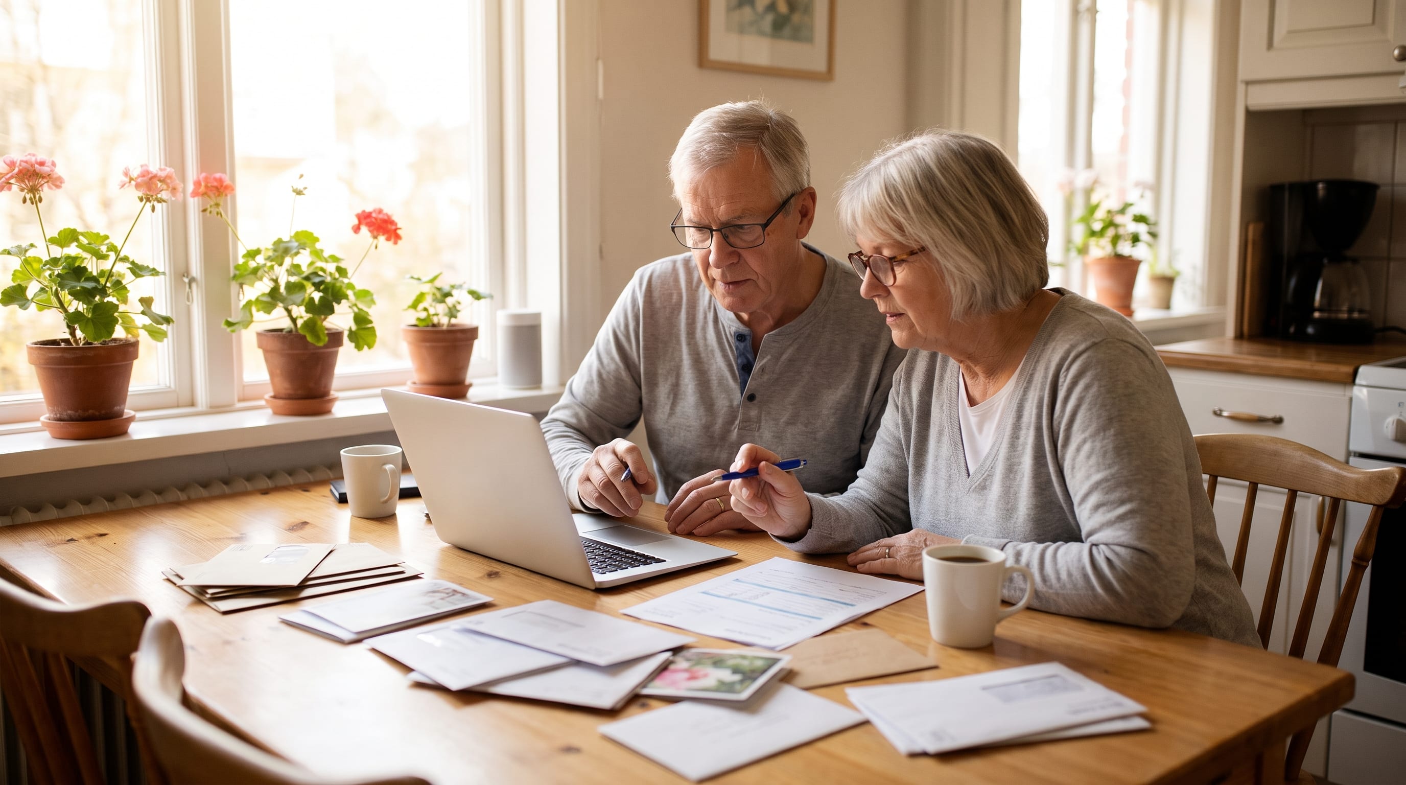 An older couple reviews a simple symptom notebook together at a table, one holding a pen, both looking relaxed and focused.