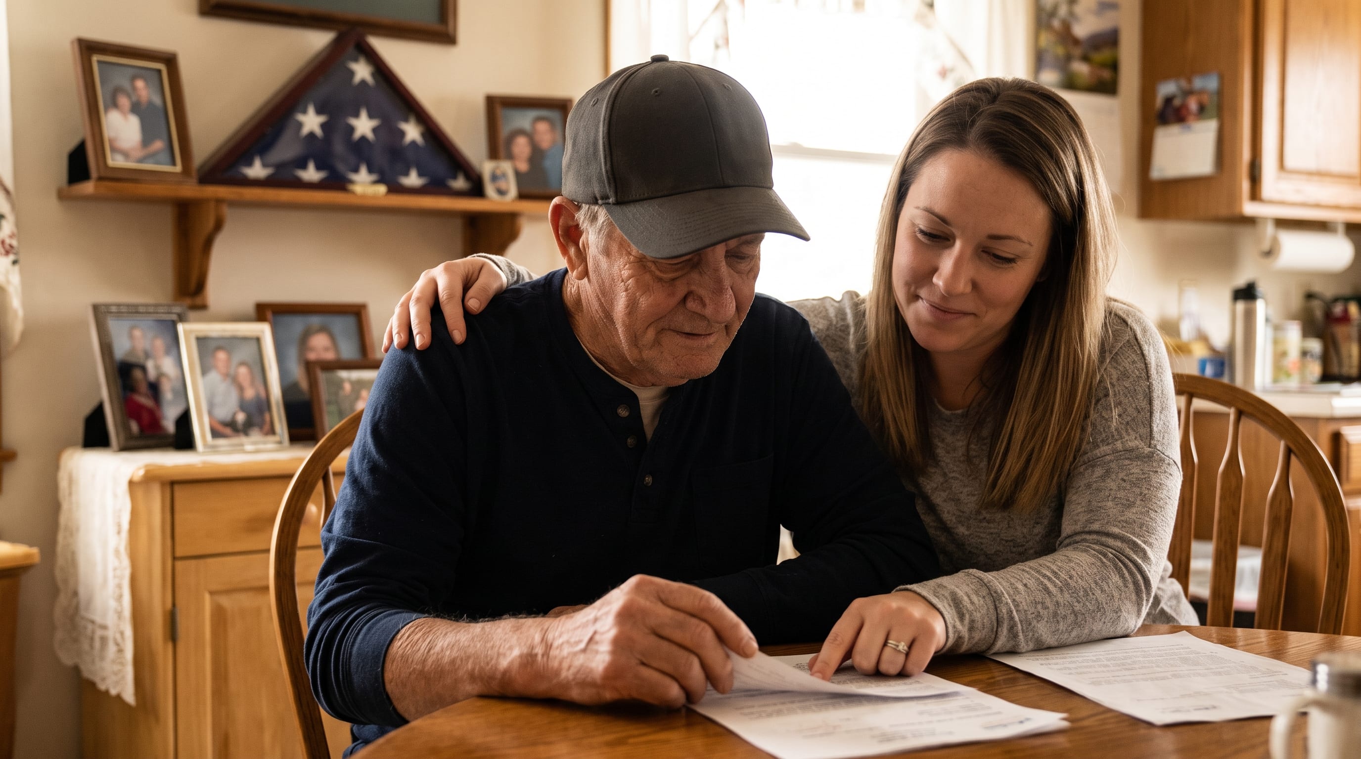 A younger woman with her arm around an older man in a ball cap reviews paperwork with him at a kitchen table, a folded flag displayed behind them.