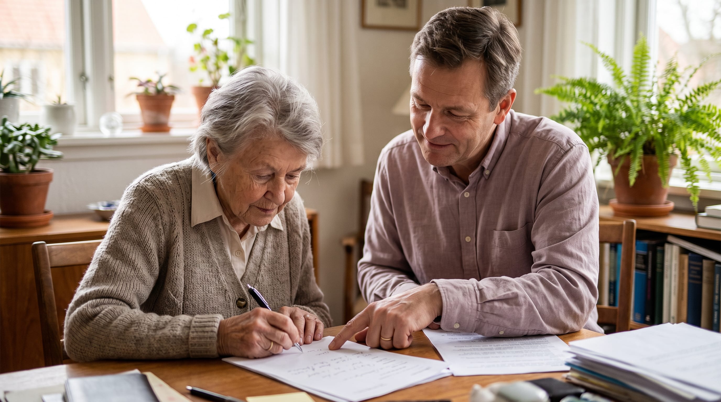 An older woman signs a document with a pen while a man points to guide her, at a plant-filled home table.