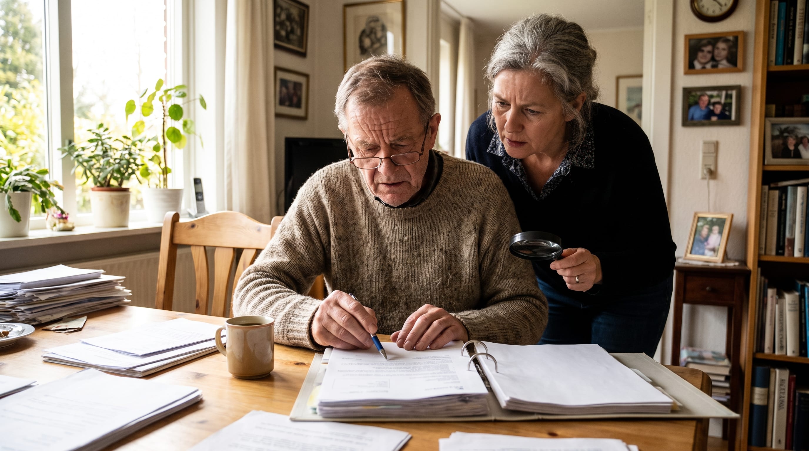 An older couple examine documents in a binder, one holding a magnifying glass, amid stacks of paperwork.
