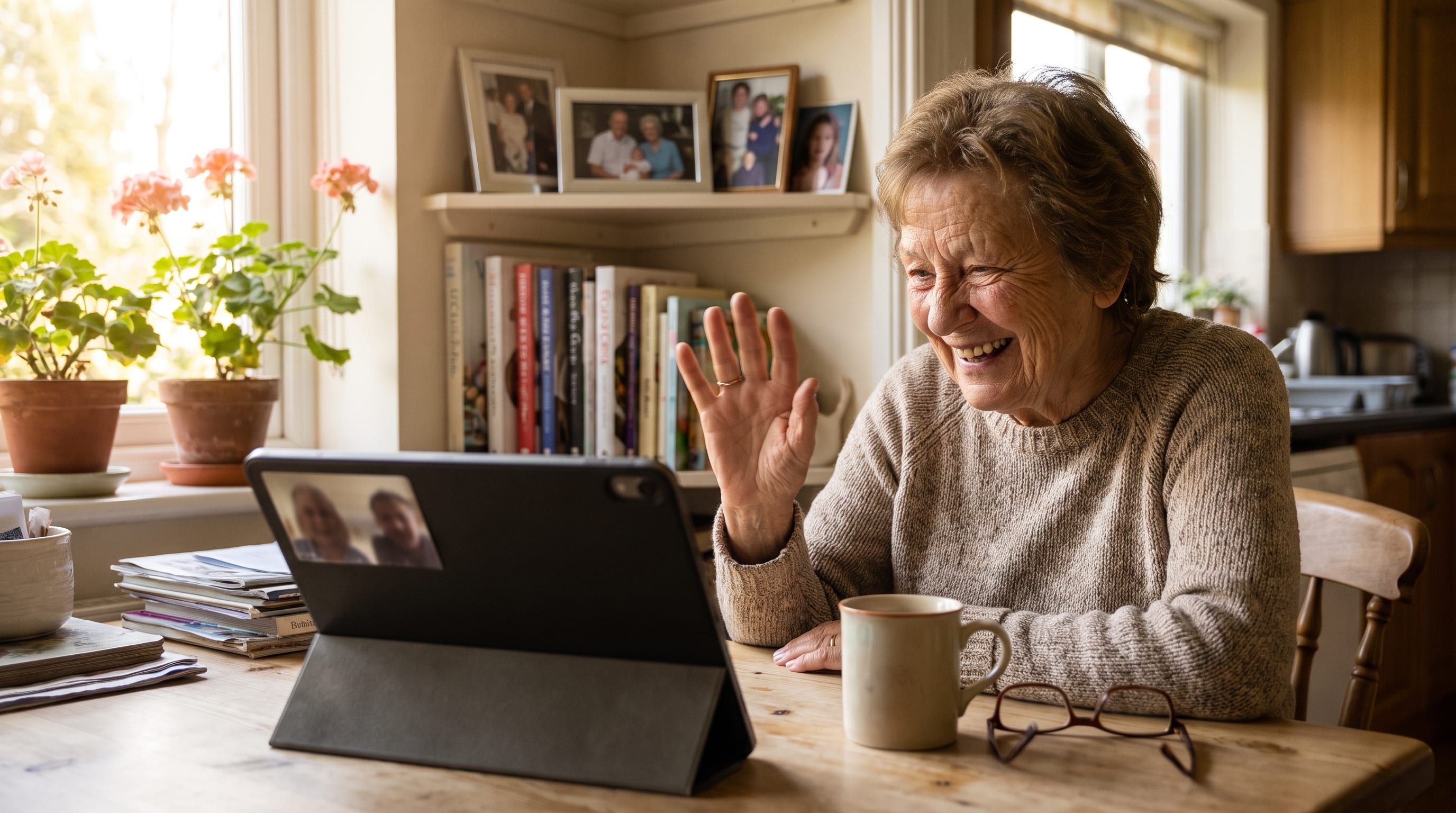A smiling older woman waves at family on a tablet video call at her sunny kitchen table.