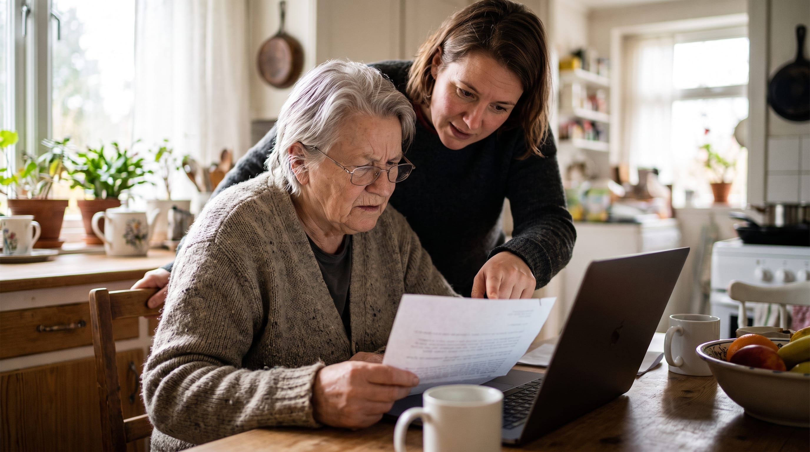 An older woman and a trusted adult child review a suspicious letter and a laptop together at the kitchen table.