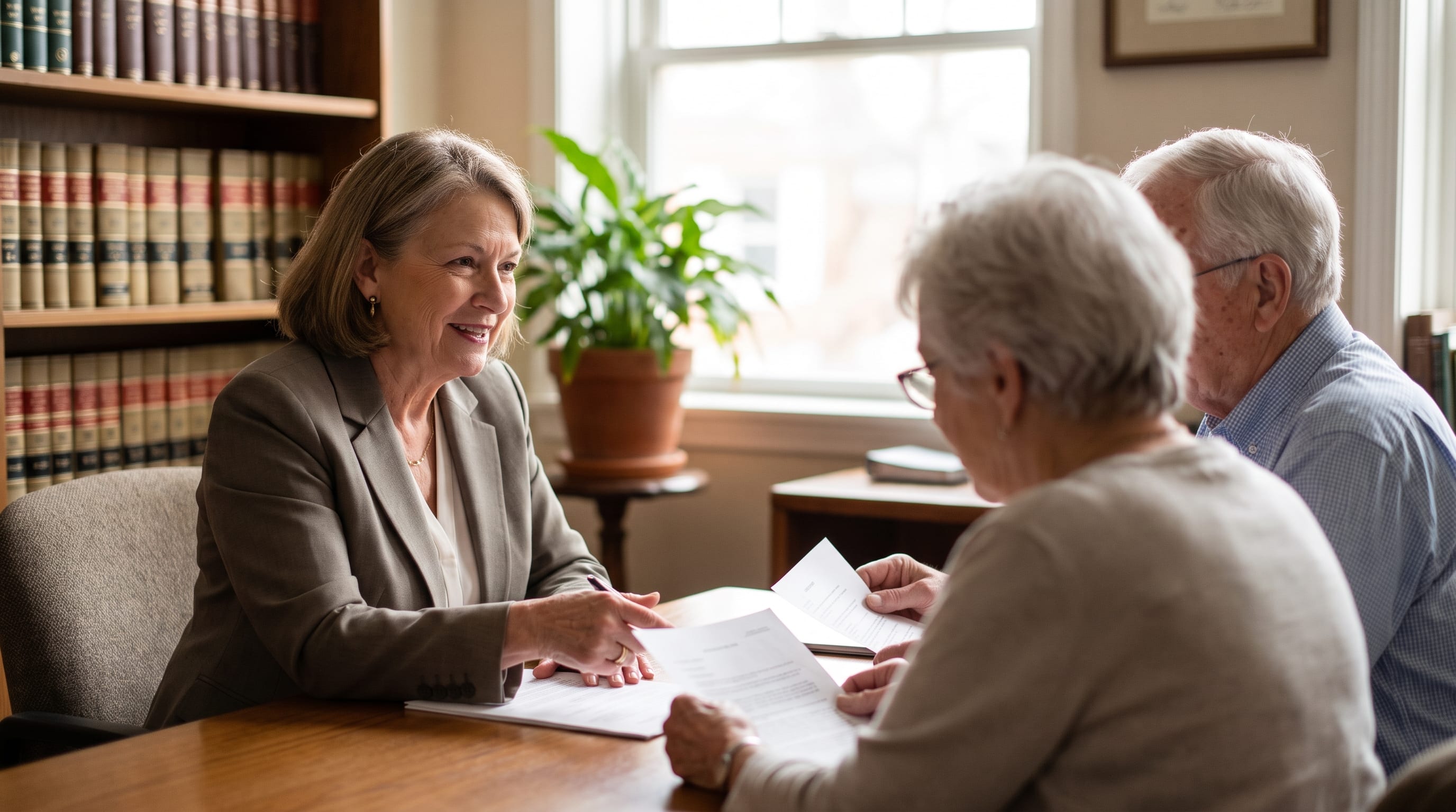 An elder-law attorney reviews documents with an older couple in a warm, book-lined office.